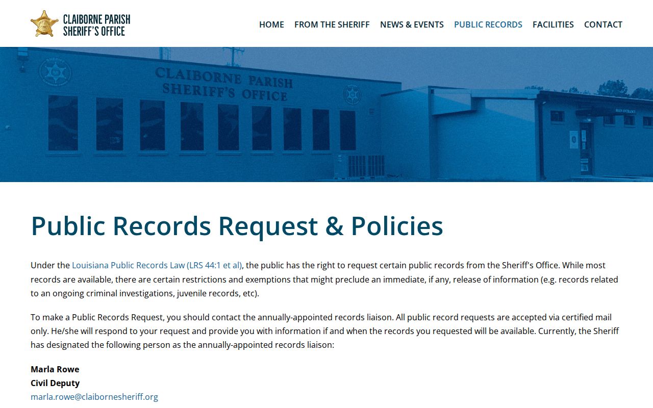 Claiborne Parish Sheriff public records request page